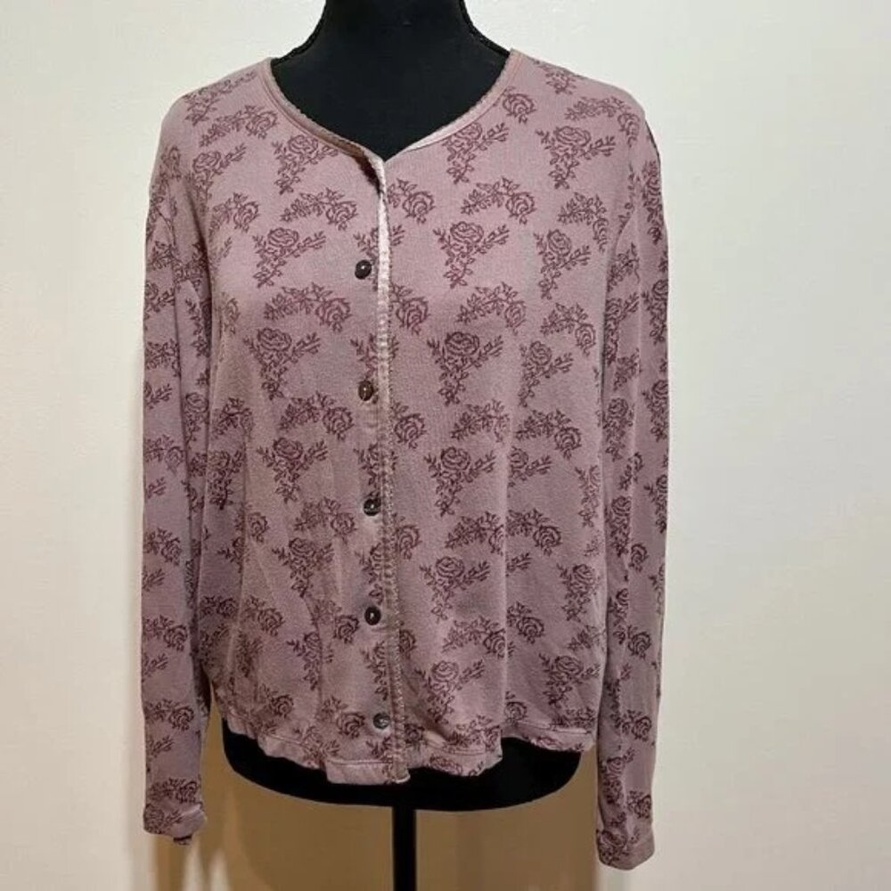 J.Jill Button Up Rose Floral Knit Cardigan Jacket Shacket Top Sz Me Cottagecore‎